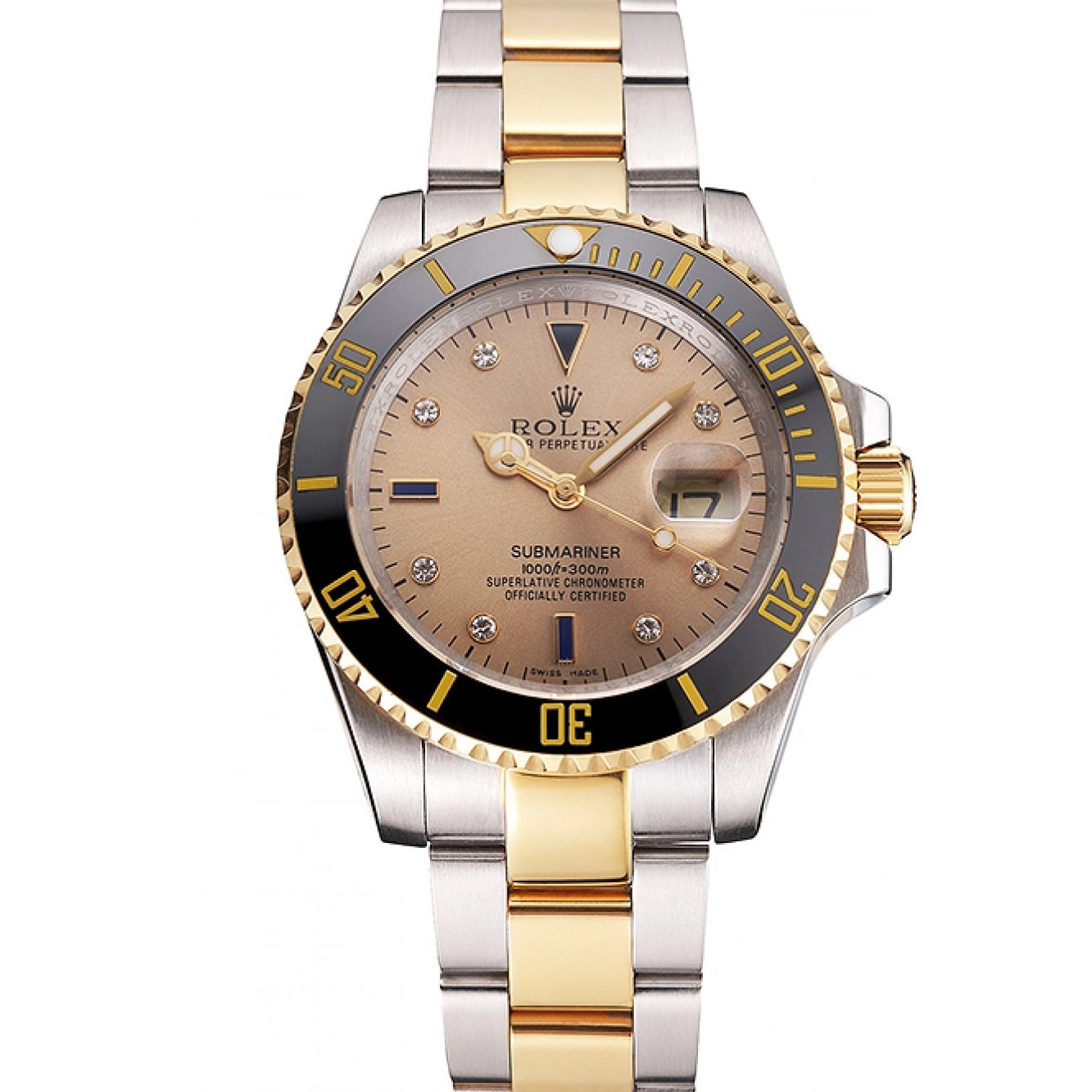 Swiss Two Markings Diamond Gold Bracelet Tone Steel Rolex Dial Submariner Black Bezel Gold 0826